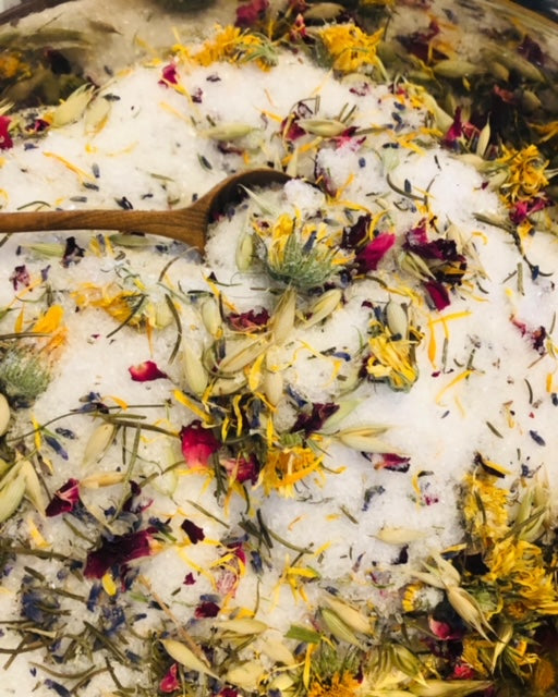 Calm & Restore your body and mind with herbs and bath salts. Herbal baths promote relaxation, ease tension, and reduce stress.  Calendula, Oats and Rose petals, have anti-inflammatory and moisturizing properties that can benefit the skin.