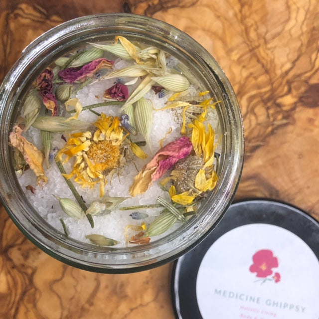 Calm & Restore your body and mind with herbs and bath salts. Herbal baths promote relaxation, ease tension, and reduce stress.  Calendula, Oats and Rose petals, have anti-inflammatory and moisturizing properties that can benefit the skin.